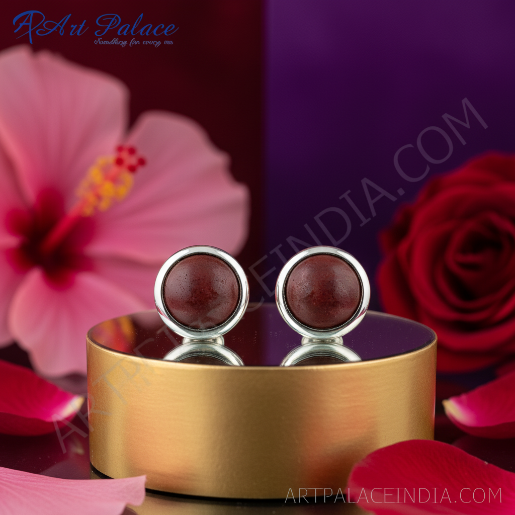 Silver Stud Earrings with Red Gemstone | Women's Jewelry Gift