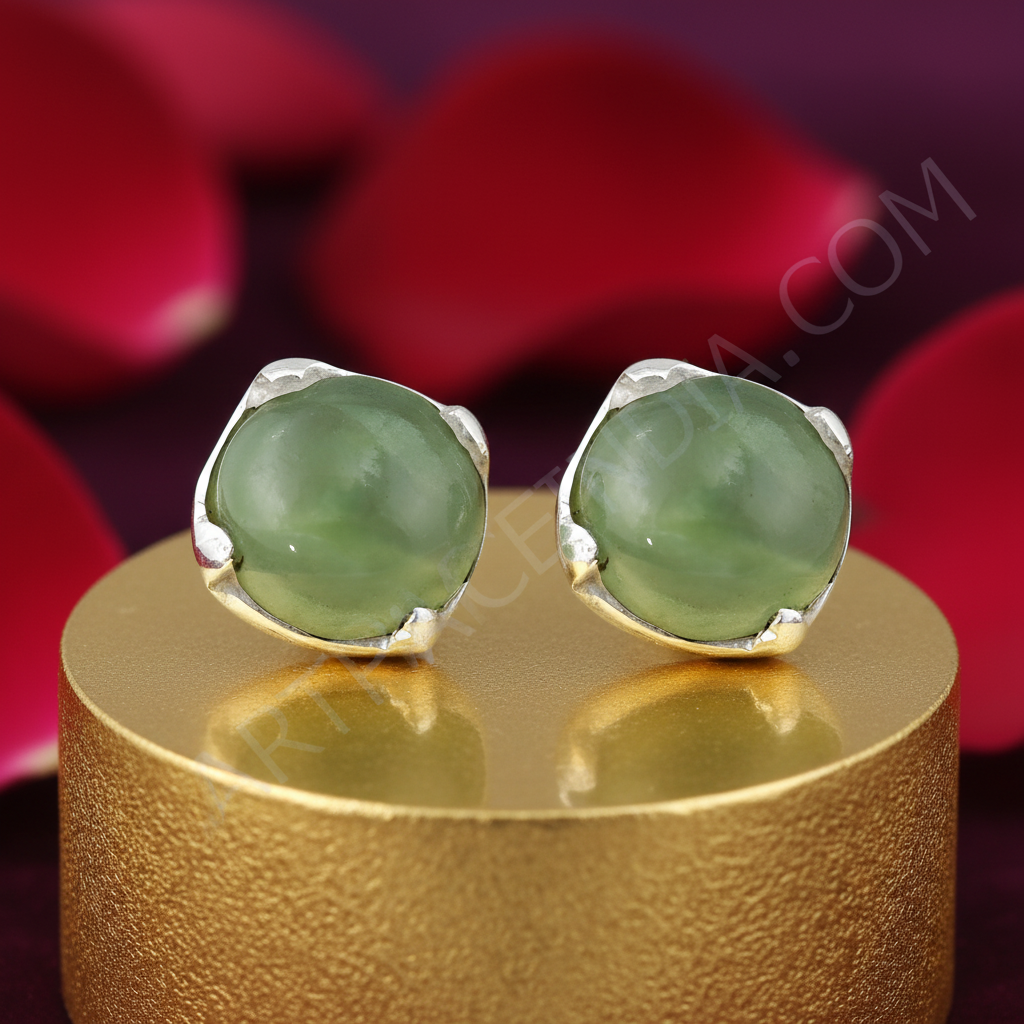 Silver Stud Earrings with Green Gemstone | Women's Jewelry