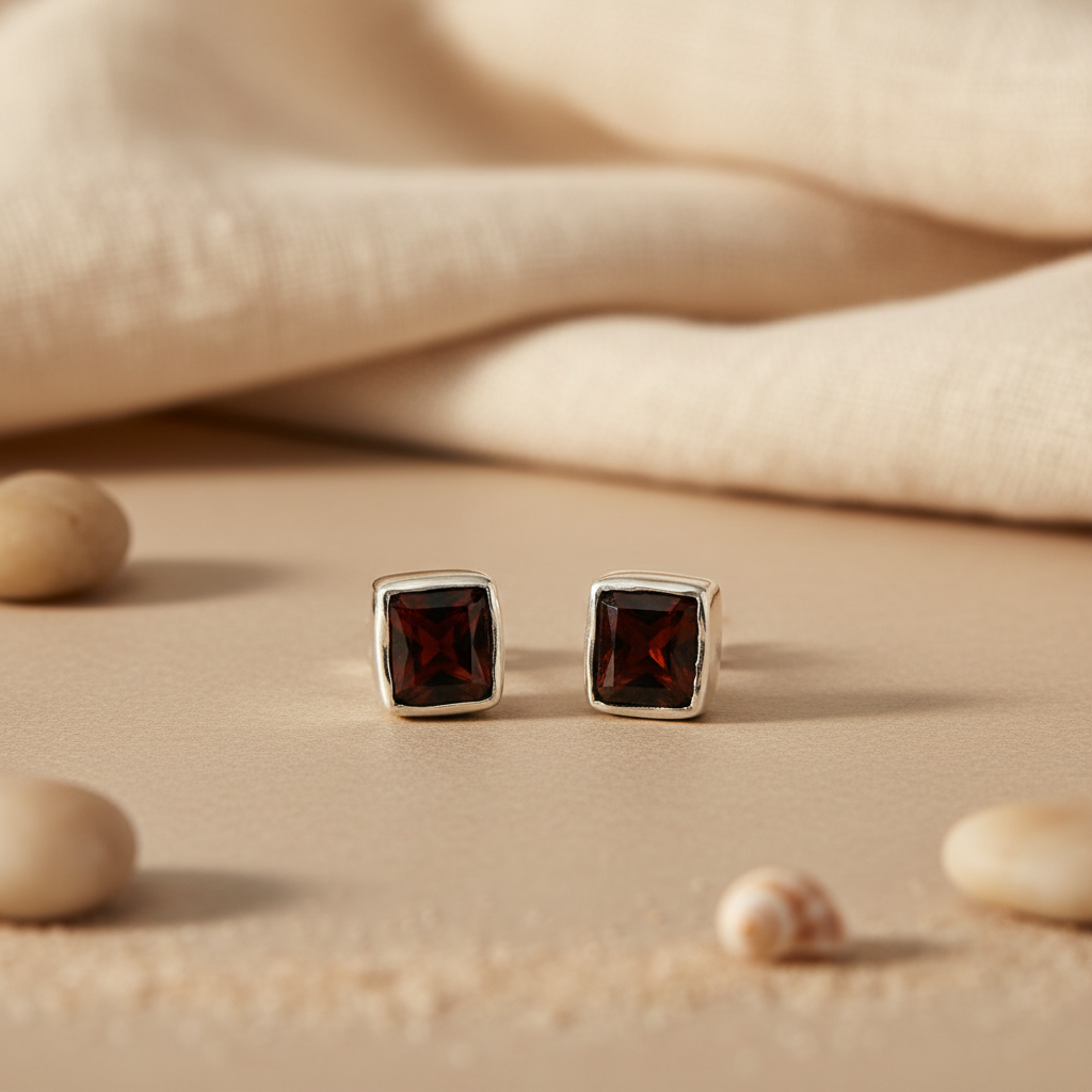 925 Silver Garnet Stud Earrings for Women | Gemstone Jewelry