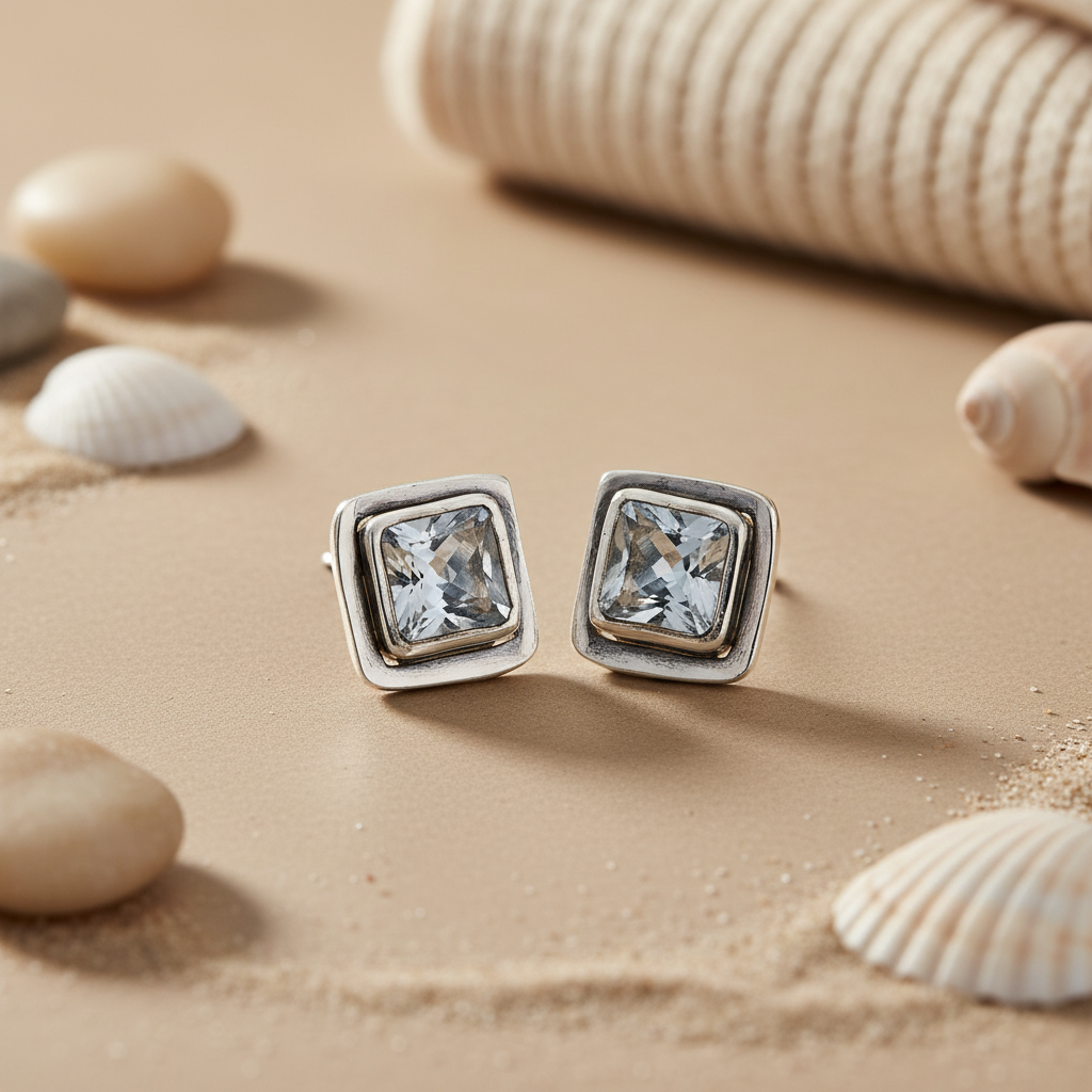 Silver Square Stud Earrings | Gemstone for Women | Daily Wear