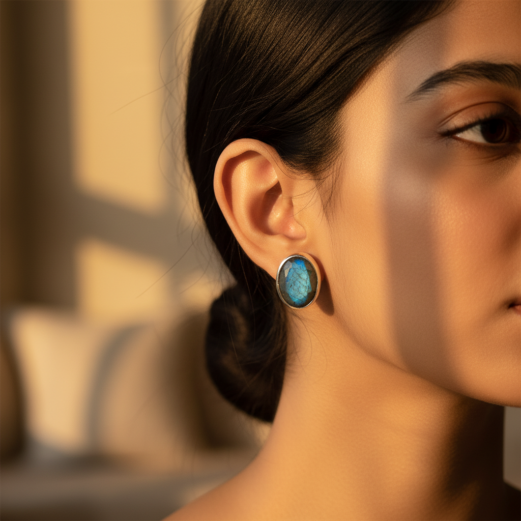 Labradorite Stud Earrings | 925 Sterling Silver | For Women