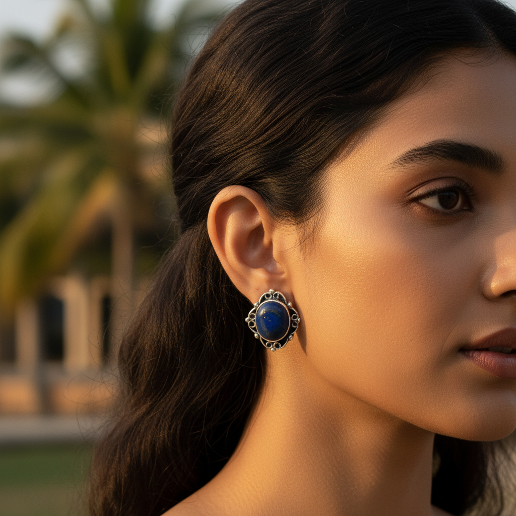 925 Silver Blue Gemstone Stud Earrings | Women's Jewelry Gift
