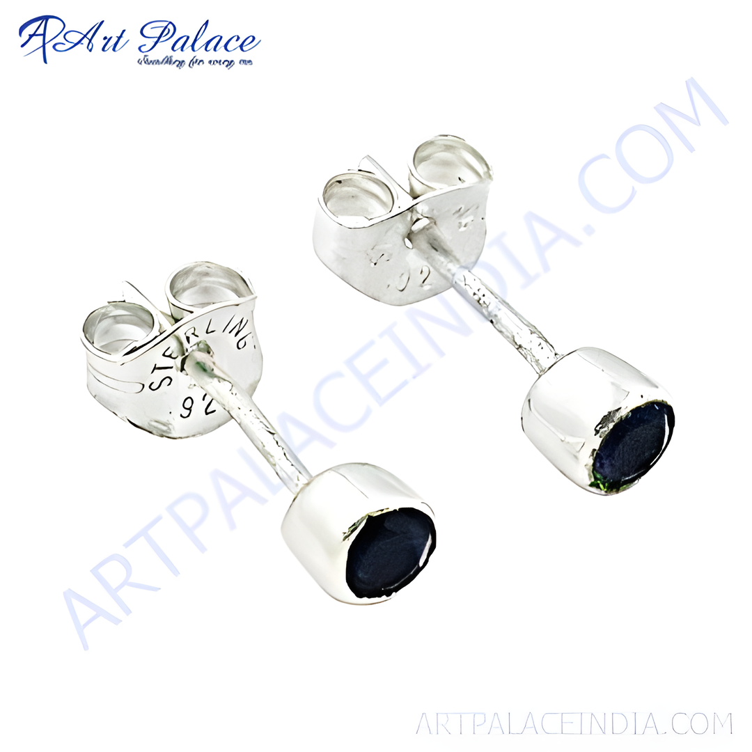 925 sterling silver stud earrings with black gemstones, minimalist design for women.