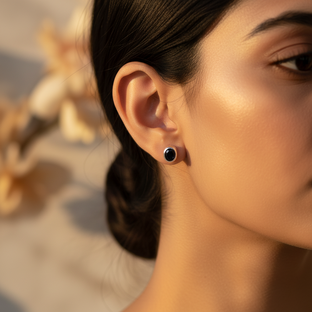 925 Sterling Silver Stud Earrings with Black Gemstones