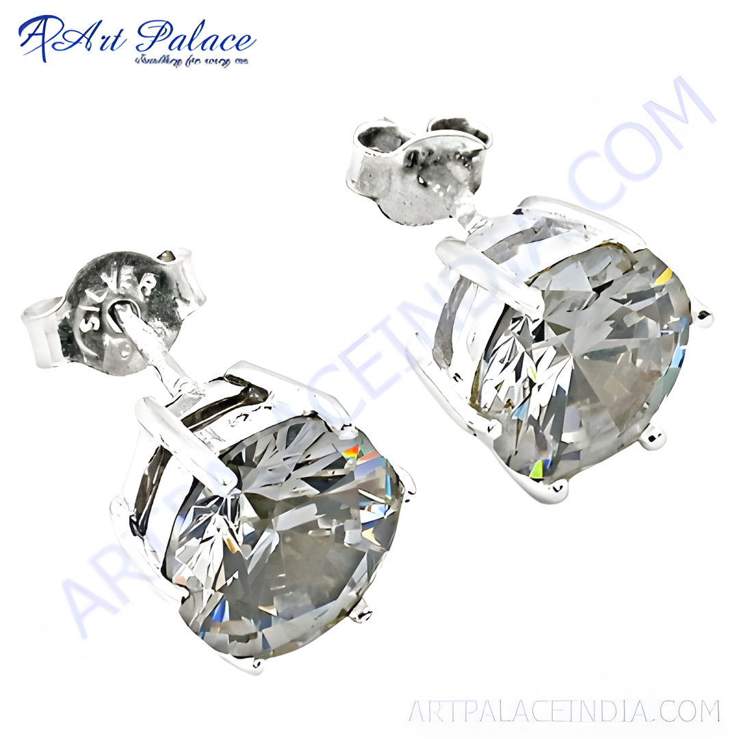 925 sterling silver stud earrings featuring brilliant cubic zirconia gemstones on white background.