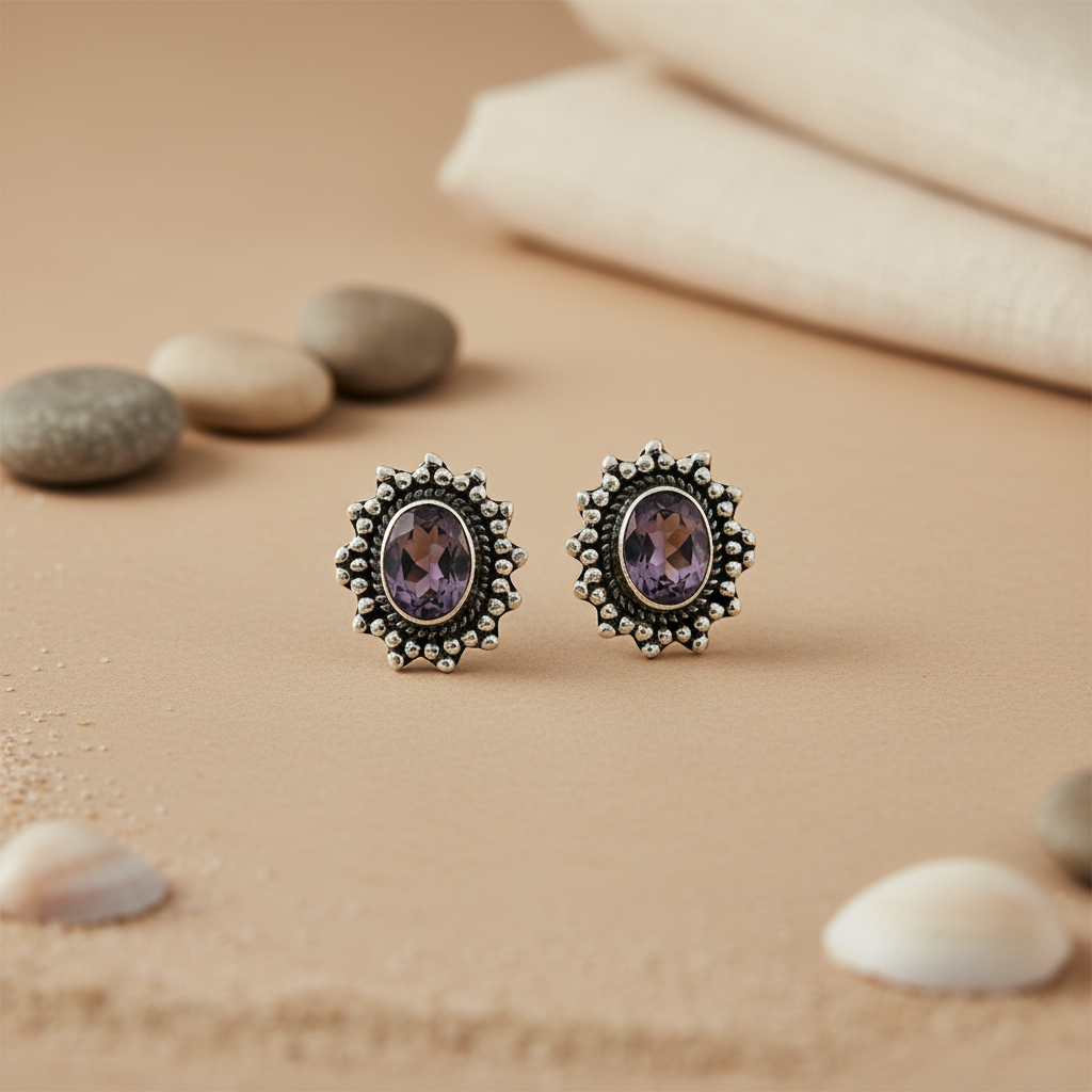 925 Silver Amethyst Stud Earrings for Women | Gemstone Jewelry