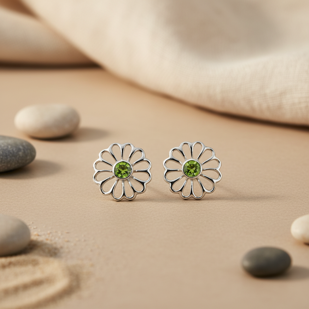 925 Silver Peridot Flower Stud Earrings for Women