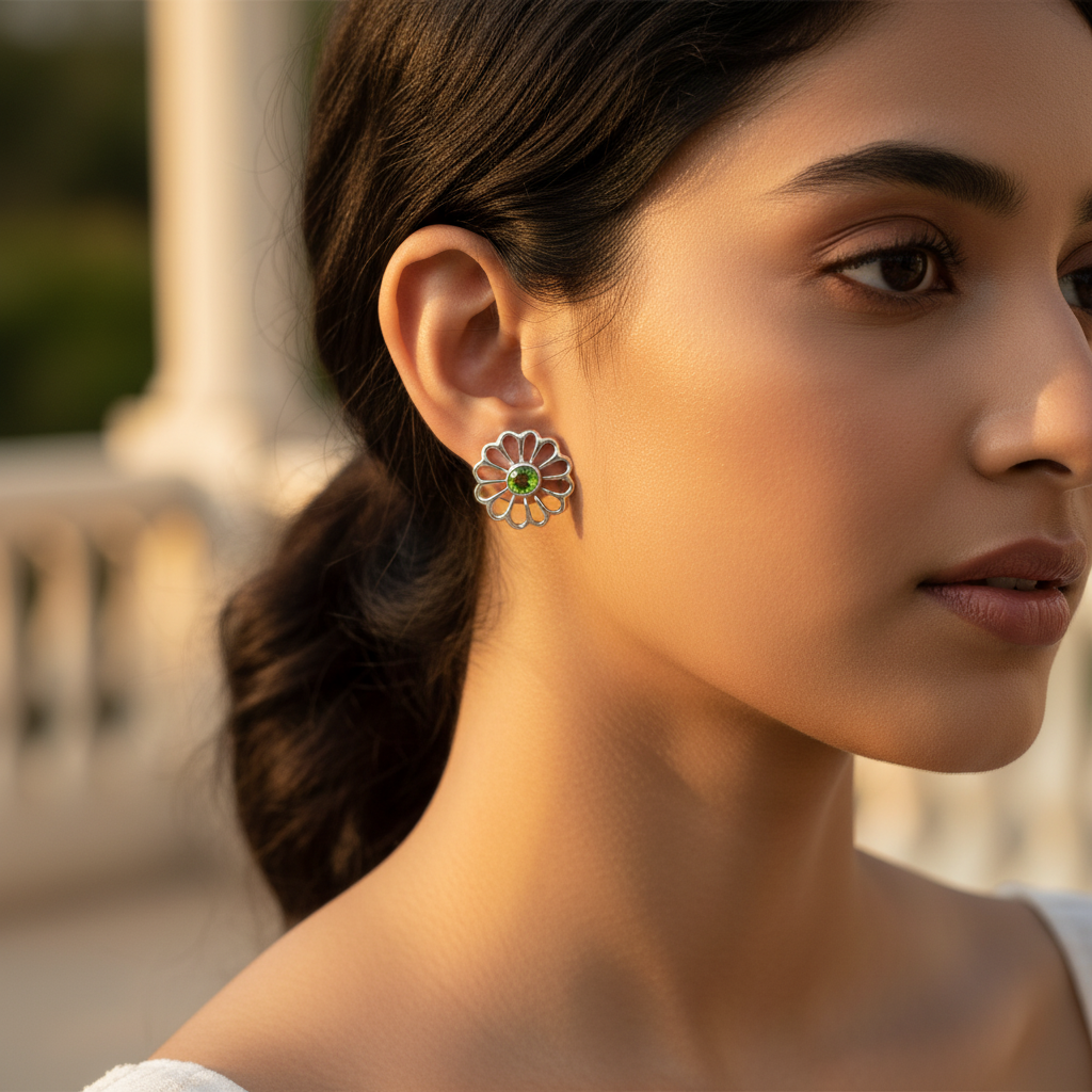 925 Silver Peridot Flower Stud Earrings for Women