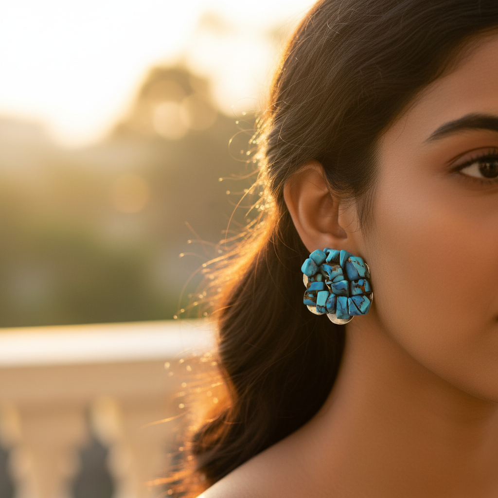 Turquoise Stone Cluster Earrings | Silver Statement Earrings