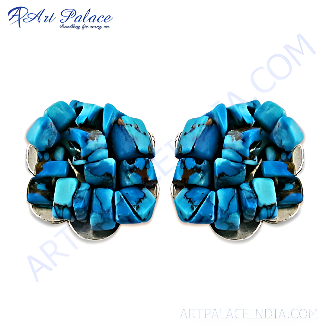 Turquoise stud earrings with a cluster of blue turquoise stones set in a silver base.