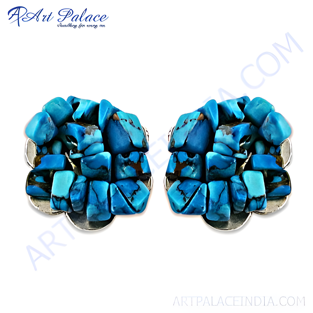 Turquoise stud earrings with a cluster of blue turquoise stones set in a silver base
