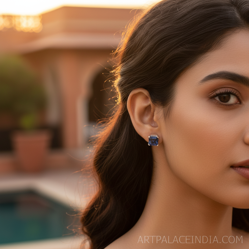 925 Sterling Silver Sapphire Stud Earrings | Square Cut Gemstone