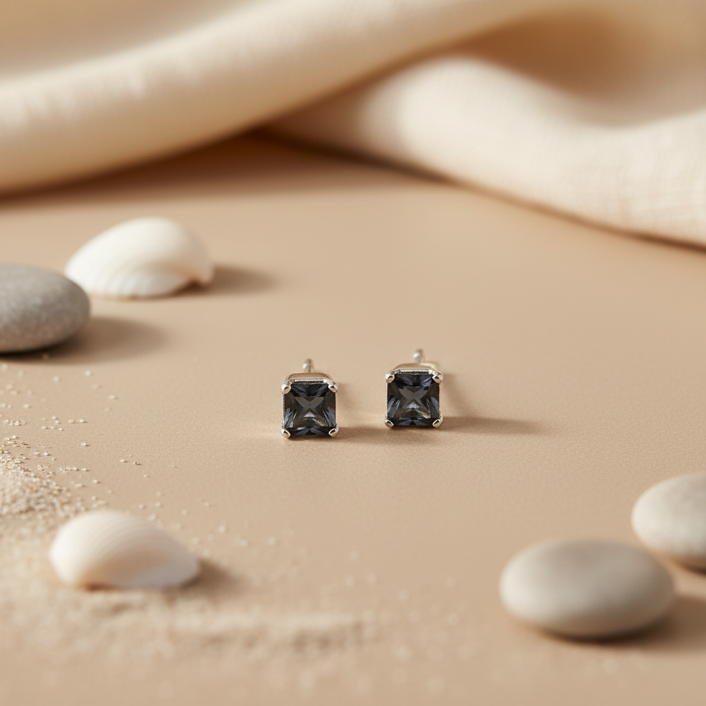 925 Sterling Silver Sapphire Stud Earrings | Square Cut Gemstone