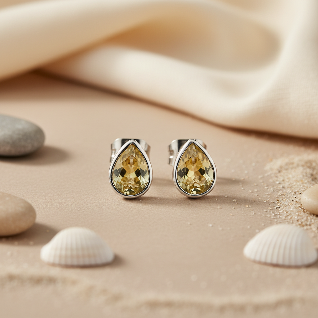 Silver Citrine Teardrop Stud Earrings | Gemstone Jewelry