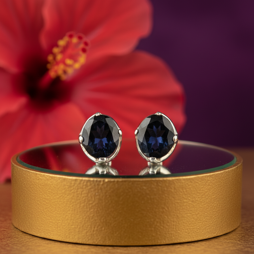 Silver Stud Earrings with Dark Gemstone | Women's Jewelry Gift