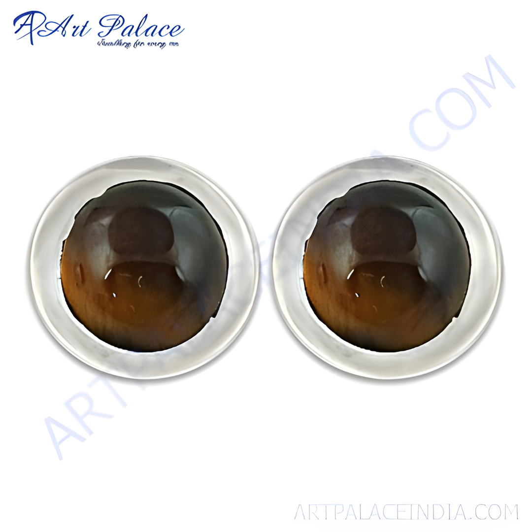 Tiger eye stud earrings featuring brown gemstones and a polished finish. Perfect for women.