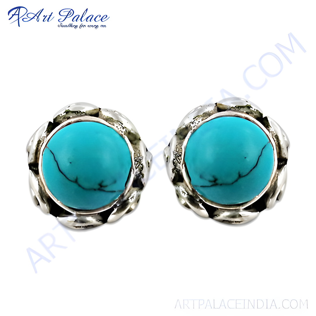925 sterling silver turquoise stud earrings, featuring a vibrant blue gemstone in a floral design