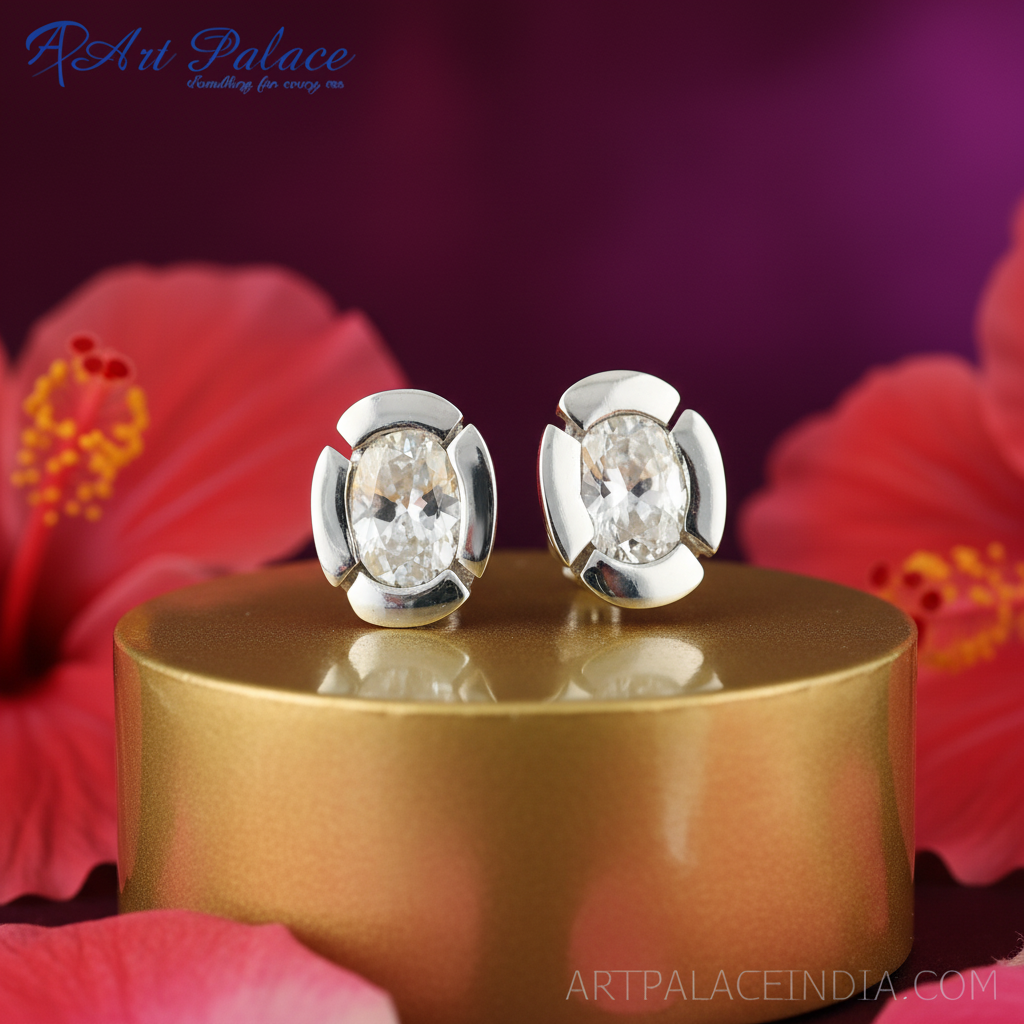 Oval Cut Diamond Stud Earrings | Silver Flower Design for Women