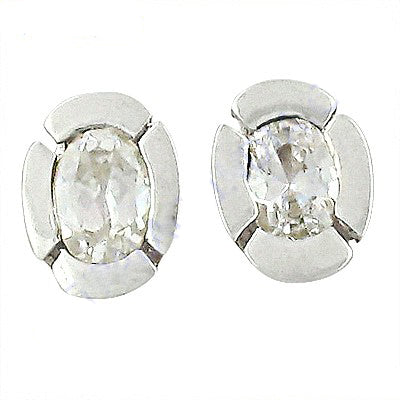 Oval cut diamond stud earrings | silver flower design for women