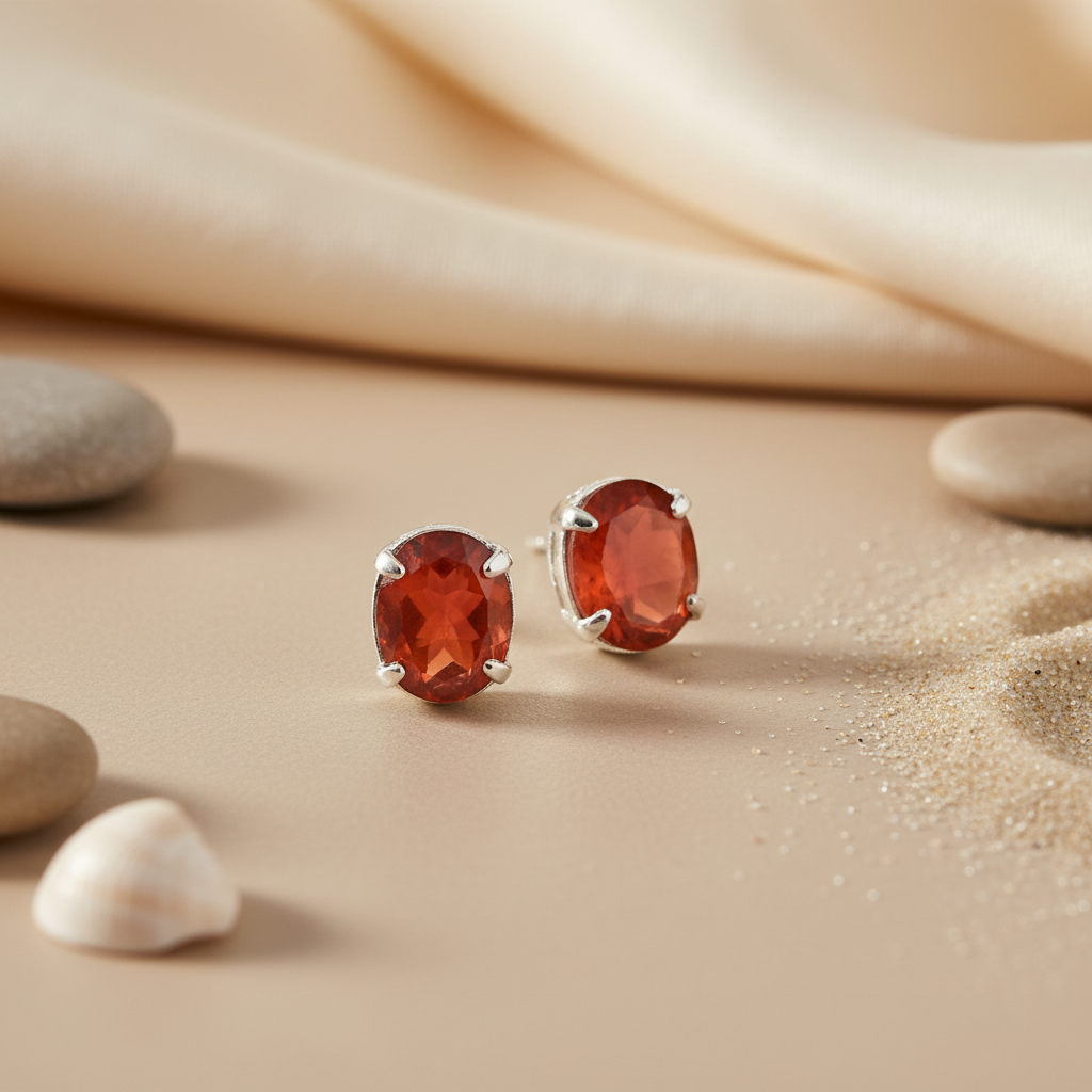 Red Carnelian Oval Stud Earrings | 925 Silver Women's Jewelry