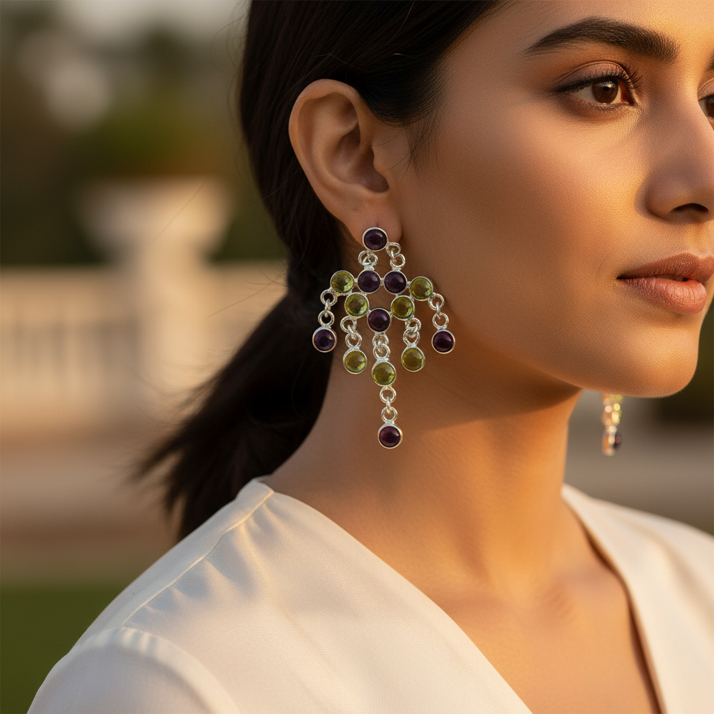 925 Silver Amethyst & Peridot Dangle Earrings for Women