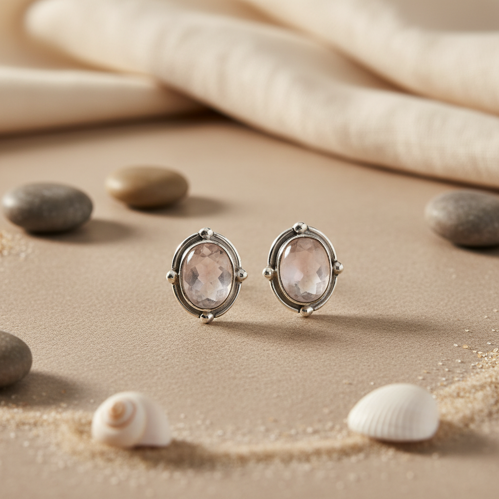 925 Silver Rose Quartz Stud Earrings for Women | Gemstone Jewelry