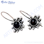 Load image into Gallery viewer, 925 sterling silver dangle earrings with black onyx gemstones and a floral design, perfect for women.
