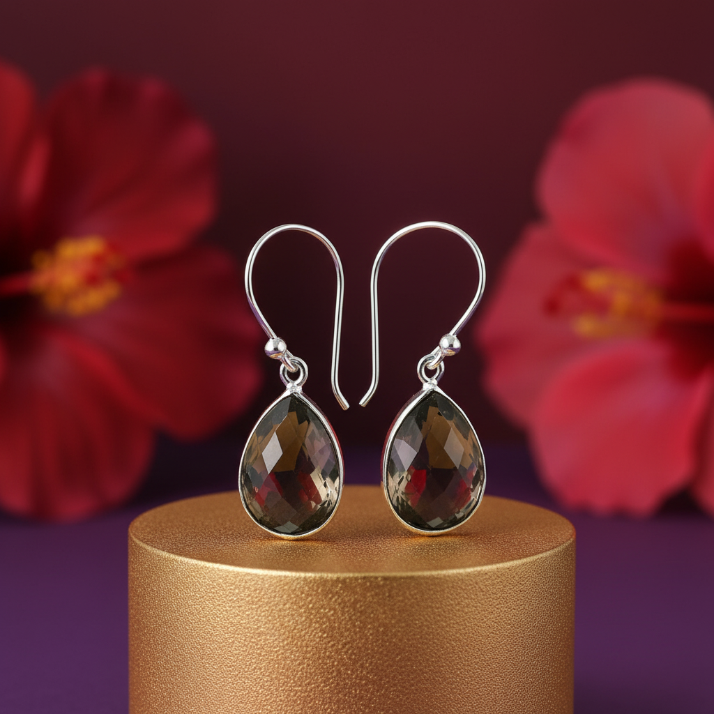 Smoky Quartz Teardrop Earrings in Sterling Silver for Women