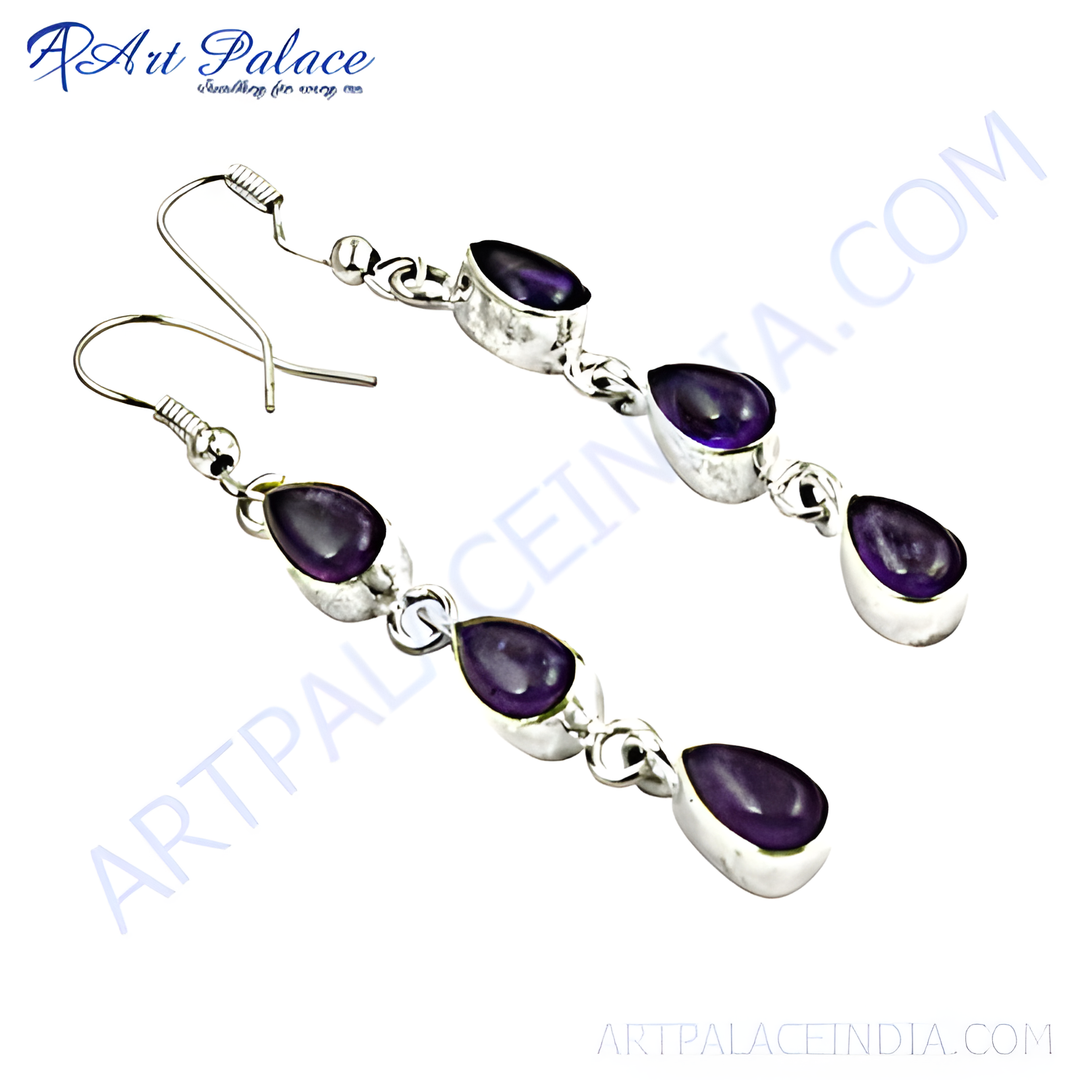 925 sterling silver drop earrings with three purple amethyst gemstones; women's jewelry