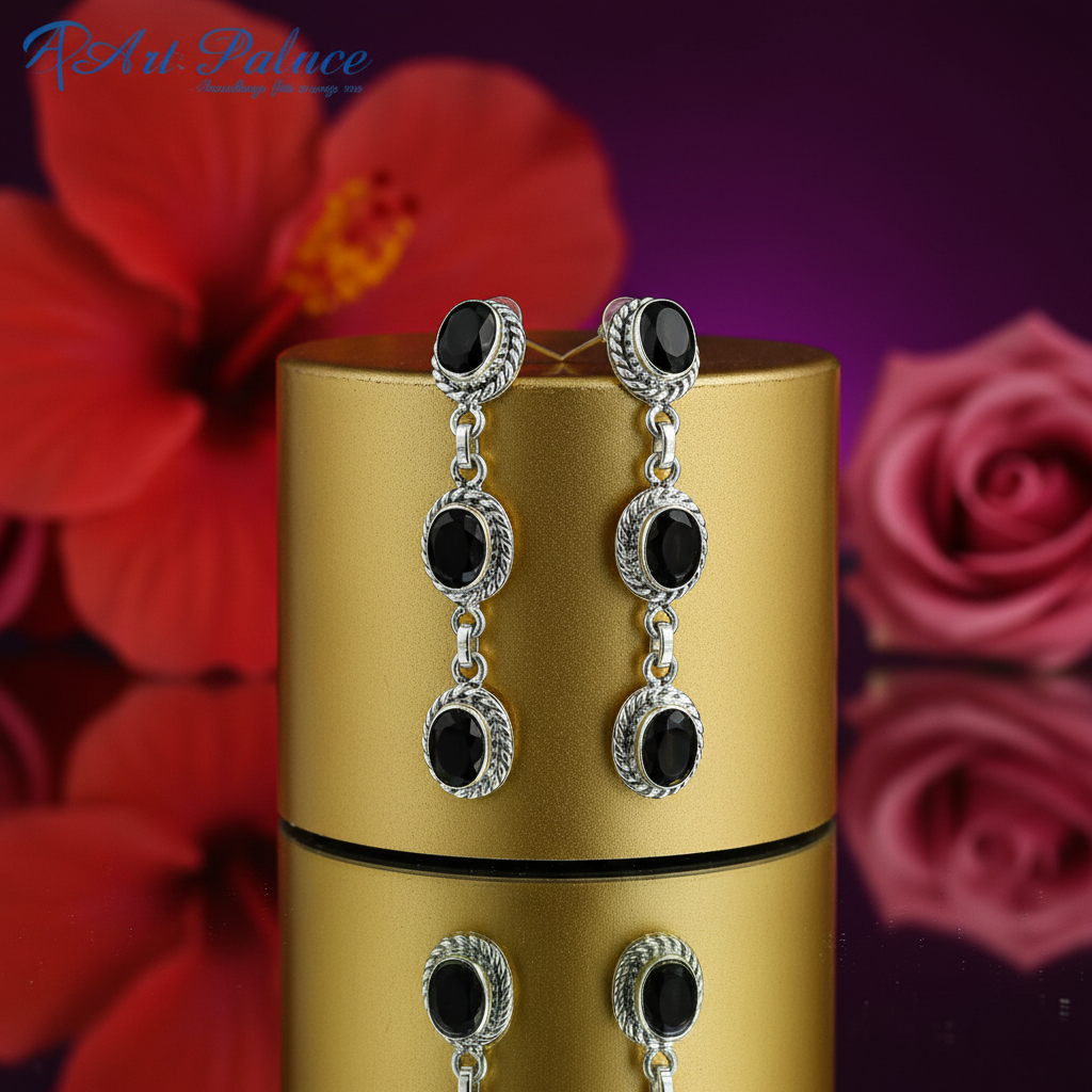 925 Sterling Silver Black Onyx Dangle Earrings for Women