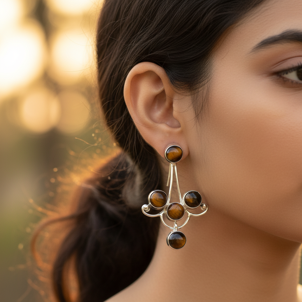 925纯银虎眼石耳环（女士款）| 宝石首饰