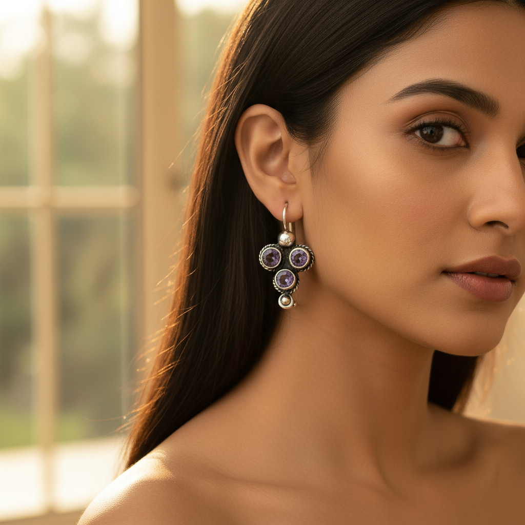 925 Silver Amethyst Drop Earrings for Women | Gemstone Jewelry