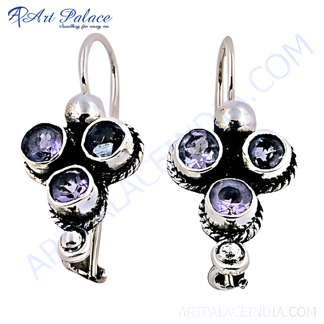 925 sterling silver drop earrings with four amethyst gemstones, purple stone earrings for women.