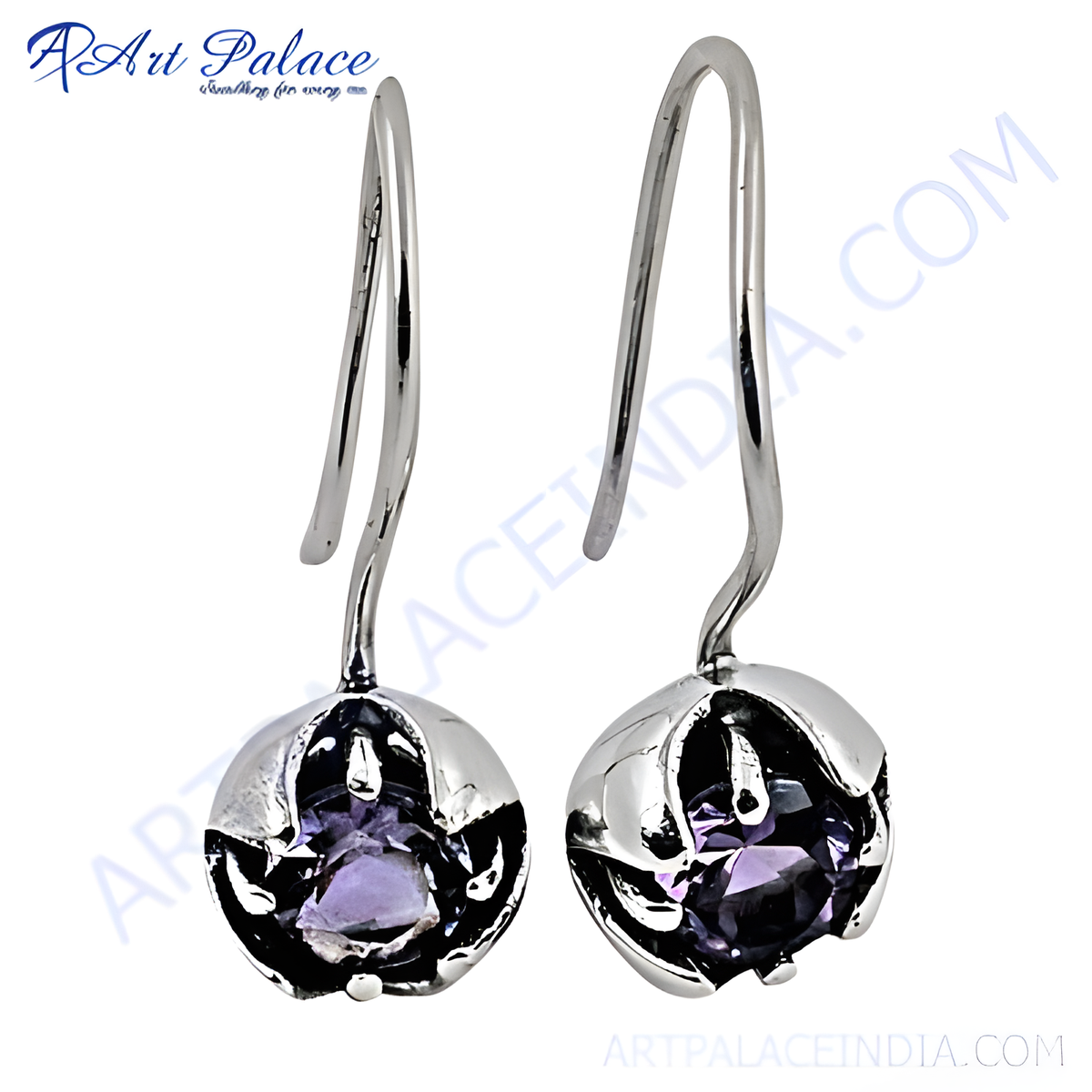 925 sterling silver drop earrings featuring amethyst gemstones, purple color, and floral design
