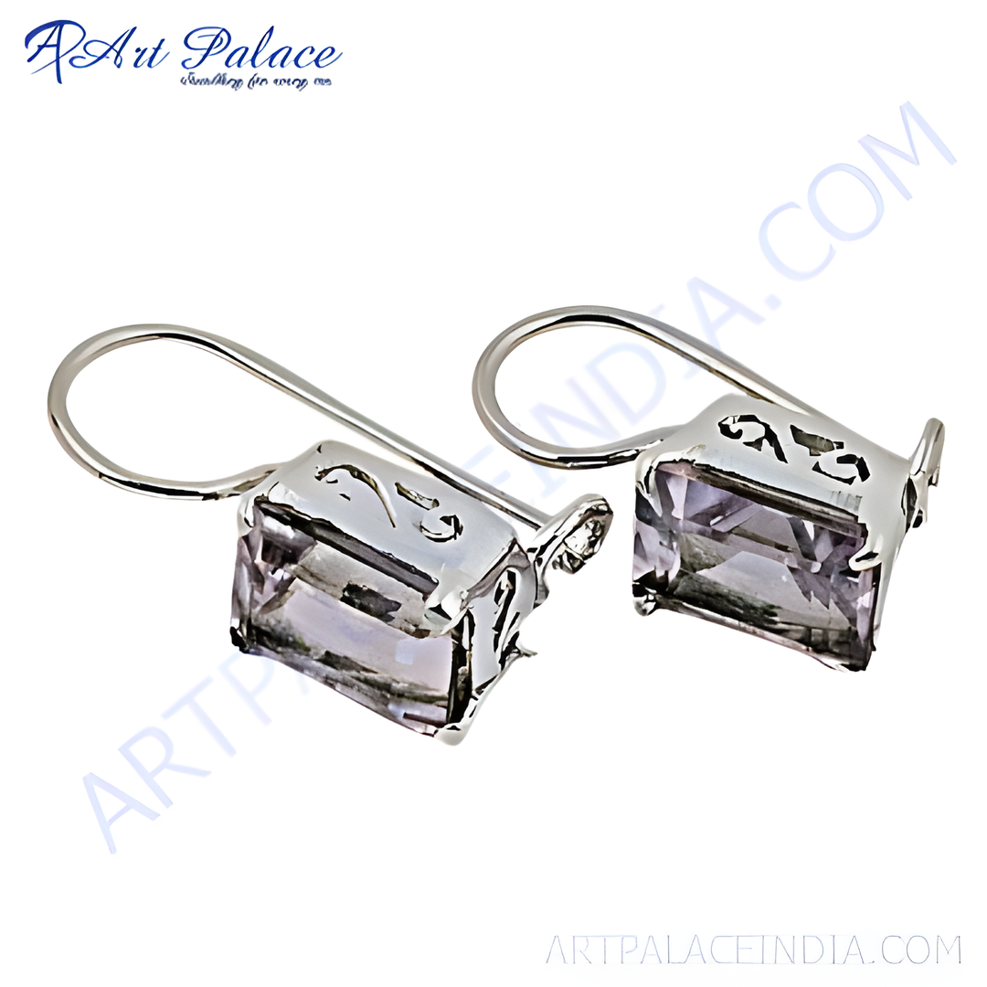 925 sterling silver drop earrings with faceted amethyst gemstones and hook closures, perfect for daily wear.
