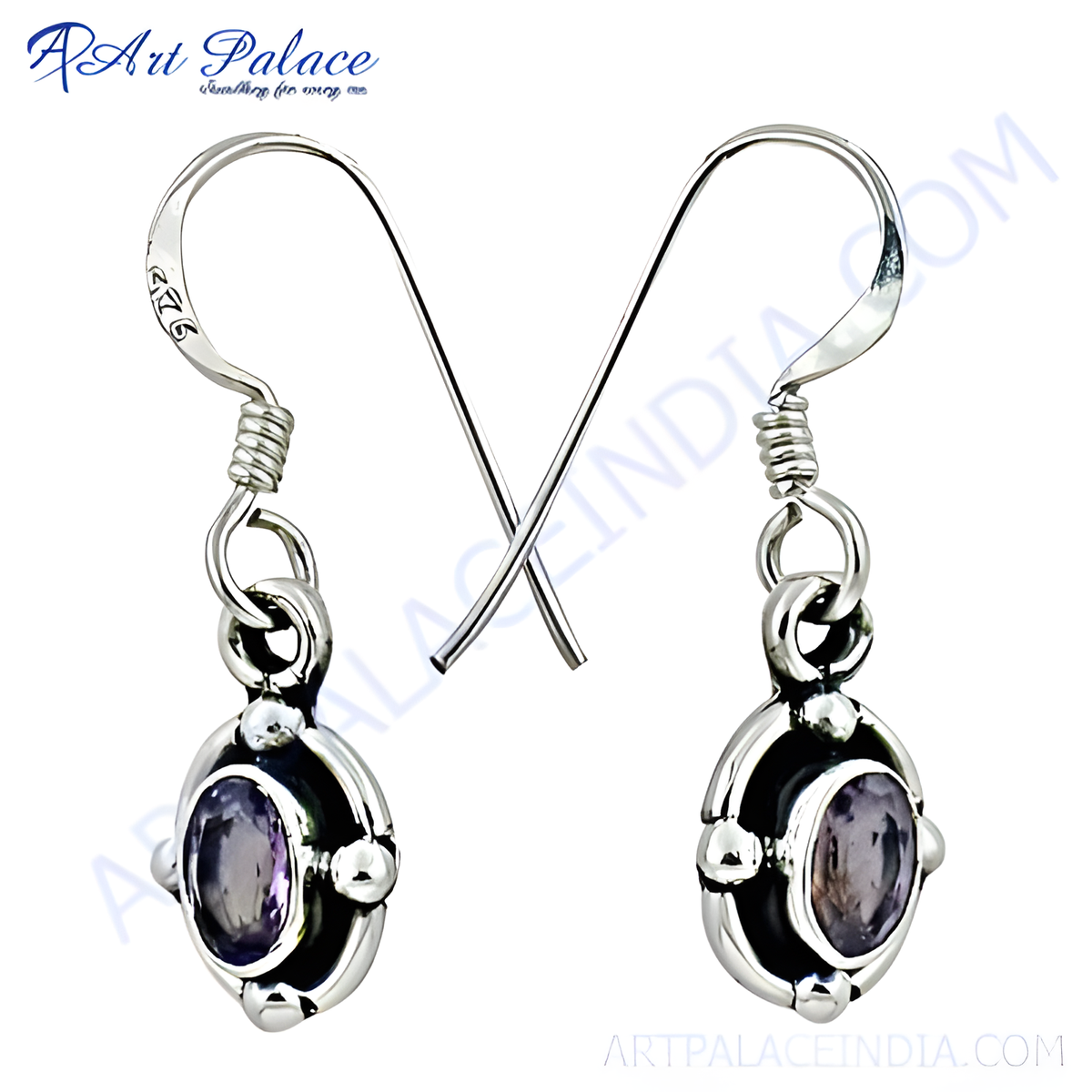 925 sterling silver drop earrings featuring oval amethyst gemstones, set in a polished silver setting