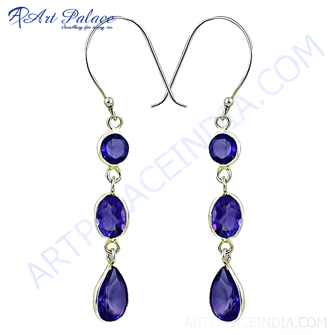 925 sterling silver drop earrings with round, oval and pear-shaped purple amethyst gemstones