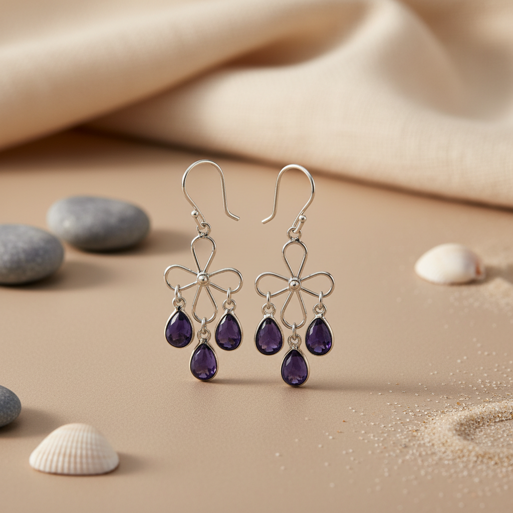 Silver Flower Amethyst Dangle Earrings for Women | Gift