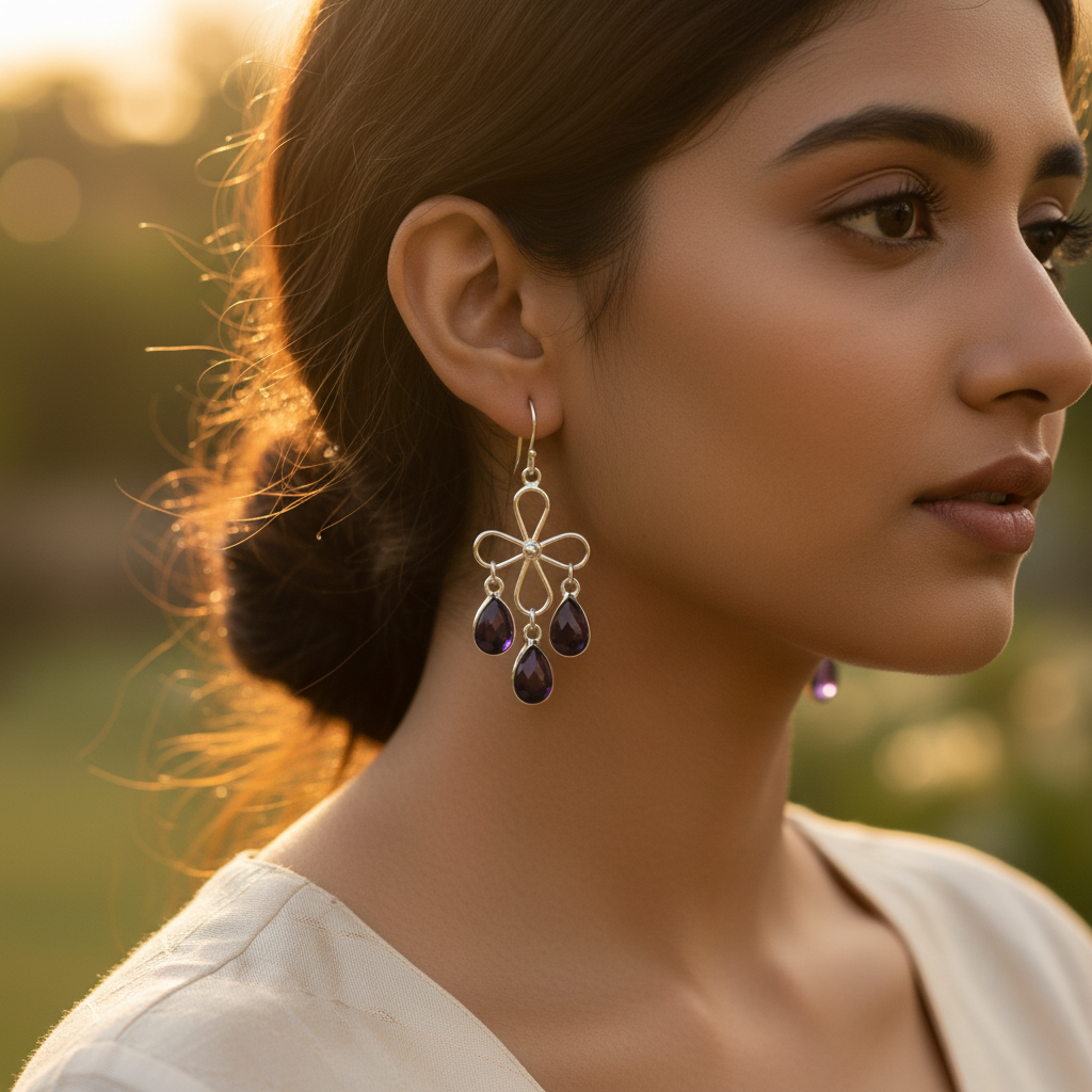 Silver Flower Amethyst Dangle Earrings for Women | Gift