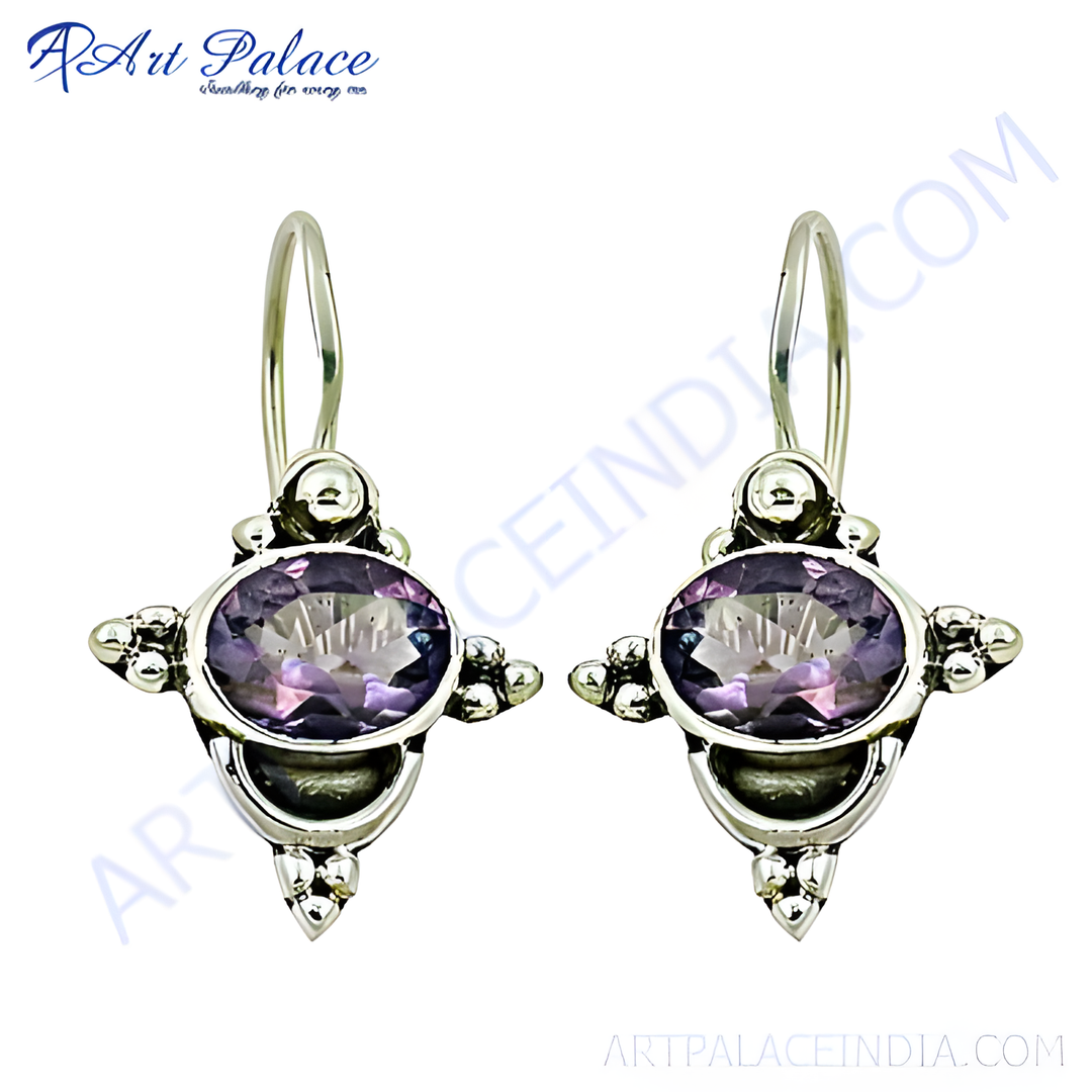 925 sterling silver drop earrings with oval amethyst gemstones, purple color and intricate detailing.