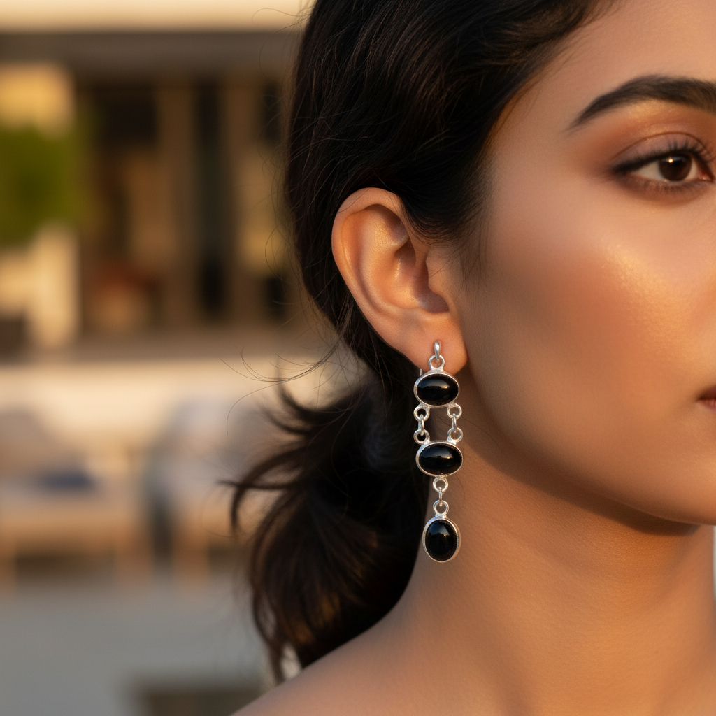 925 Sterling Silver Black Onyx Dangle Earrings | Women's Jewelry