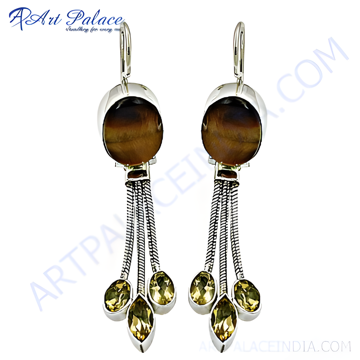 925 sterling silver drop earrings with tiger eye and citrine gemstones, a perfect blend of elegance and natural beauty