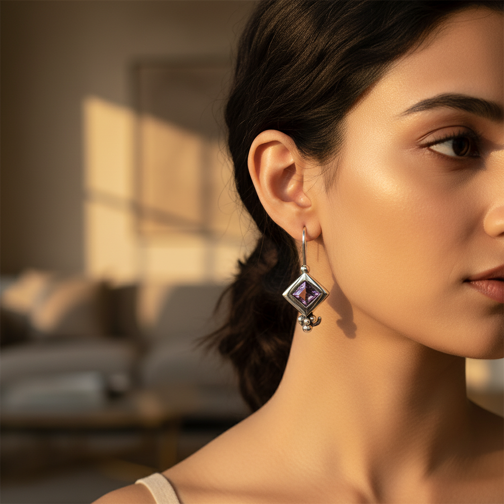 925 Silver Amethyst Drop Earrings for Women | Gemstone Jewelry