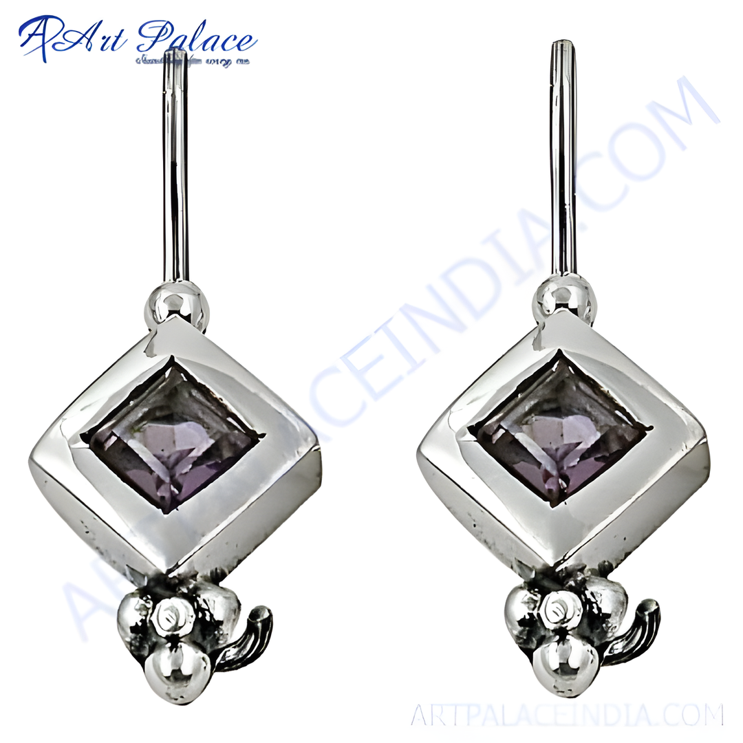 925 sterling silver drop earrings featuring square-cut amethyst gemstones for women.