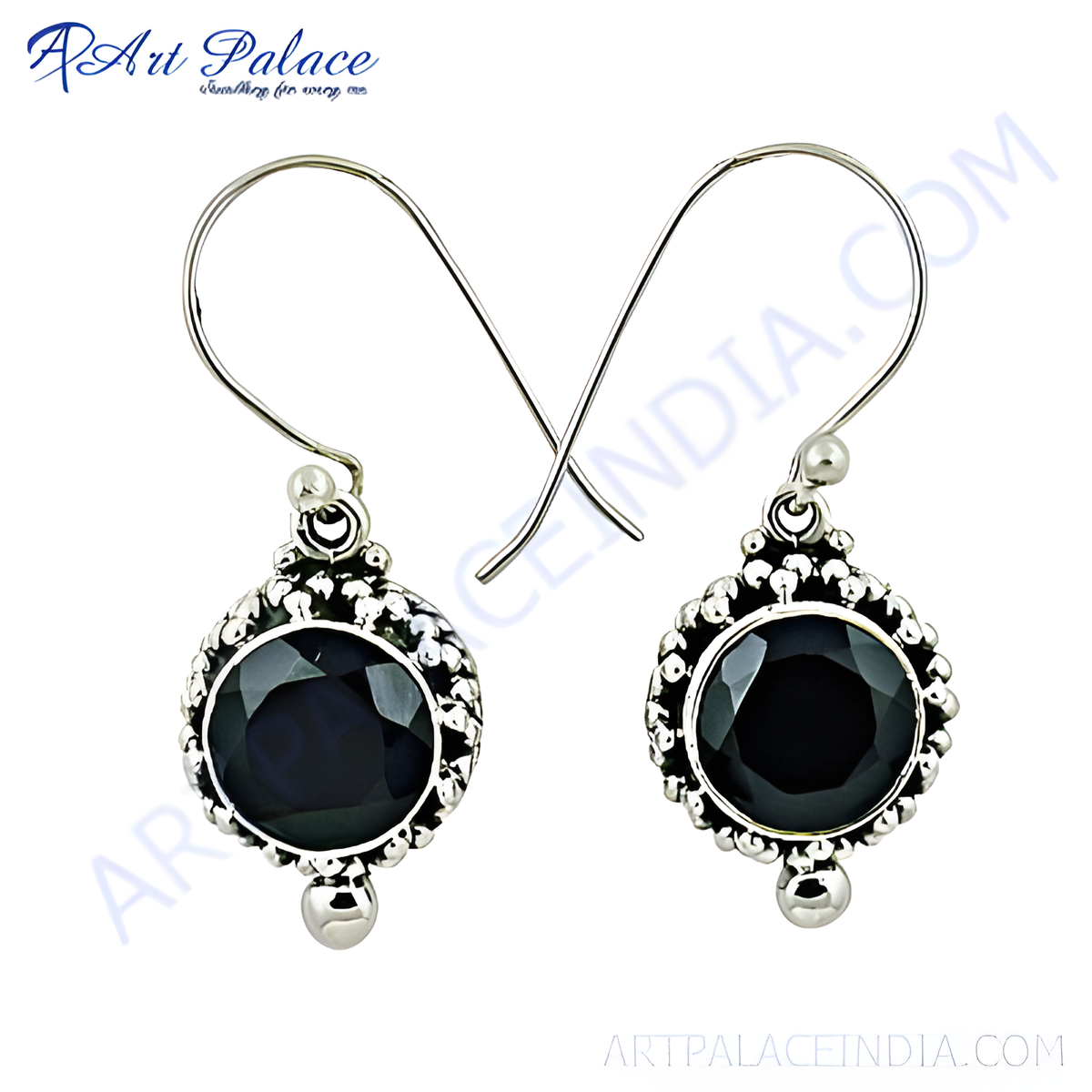 Sterling silver dangle earrings with round black onyx gemstone