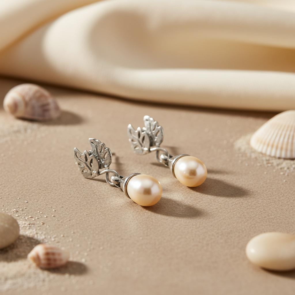 Silver Leaf Pearl Drop Earrings for Women | Elegant Jewelry