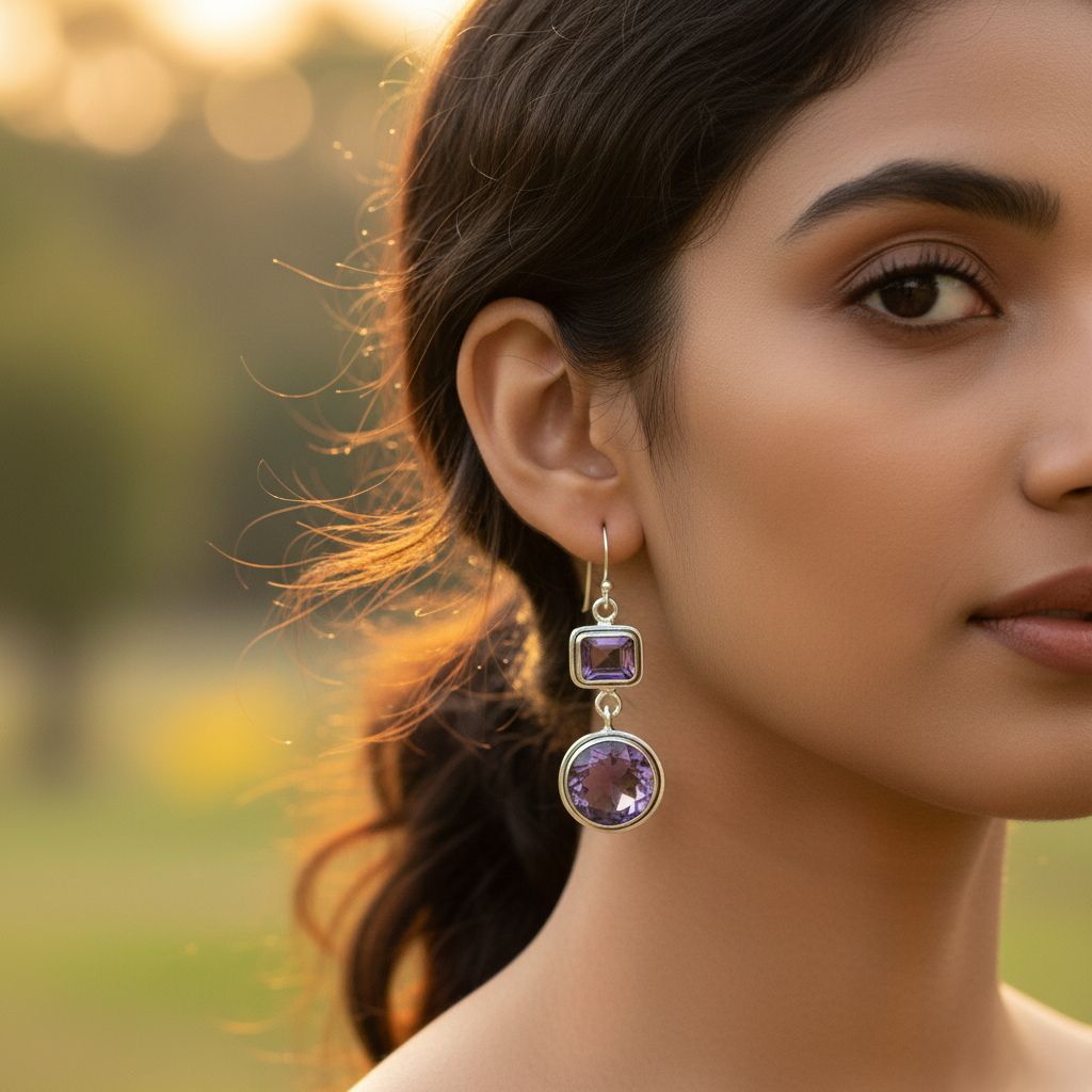 925 Silver Amethyst Drop Earrings | Purple Gemstone Jewelry