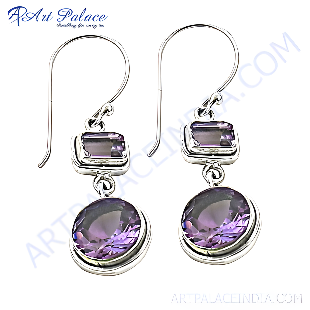 925 sterling silver drop earrings featuring square and round amethyst gemstones in a beautiful purple hue.