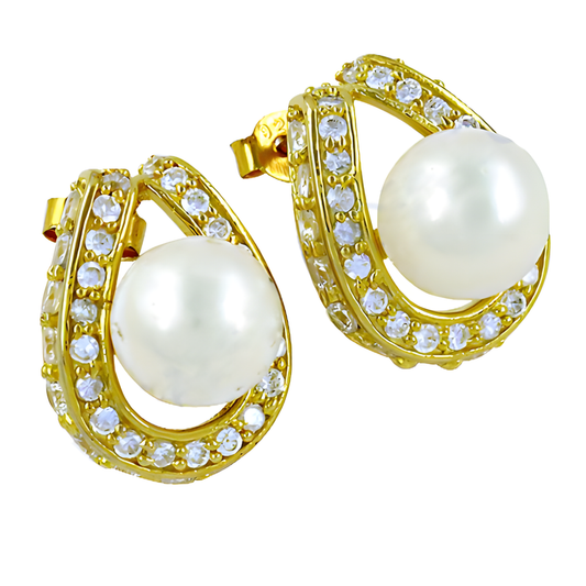 Glamour Cz & Pearl Gemstone Gold Plated Silver Earrings