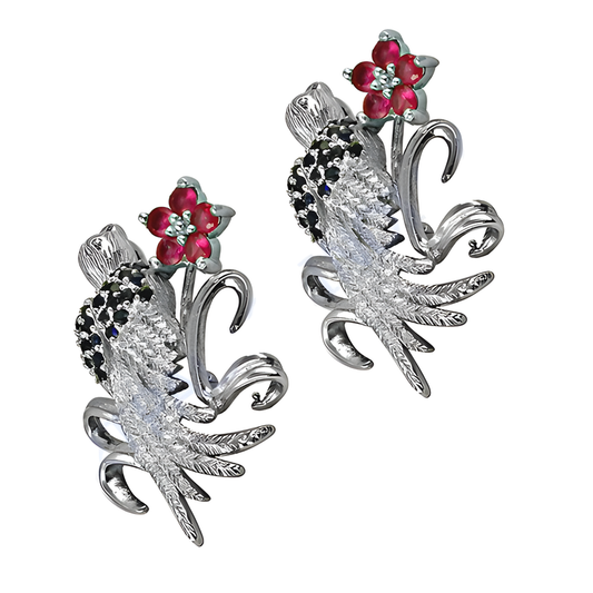 Beautiful Bird Style Inkzirconia & Pink Cz Silver Earrings